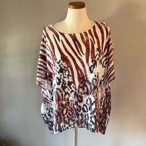 TALLIA Zebra Leopard brick red white Print Blouse cold shoulder kimono style L